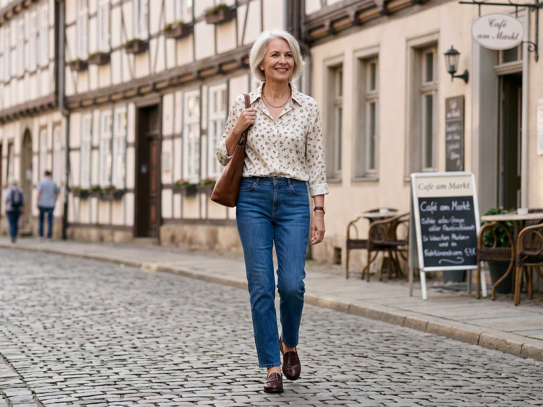 Eine Frau tr&auml;gt eine blaue Straight Fit Jeans mit cremefarbener Bluse und dunkelbraunen Loafern.