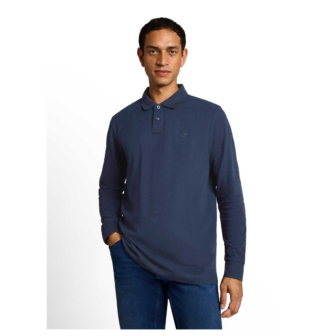 Herren Polo Pullover Basic Longsleeve von Tom Tailor in Dunkelblau, Rückansicht am Model