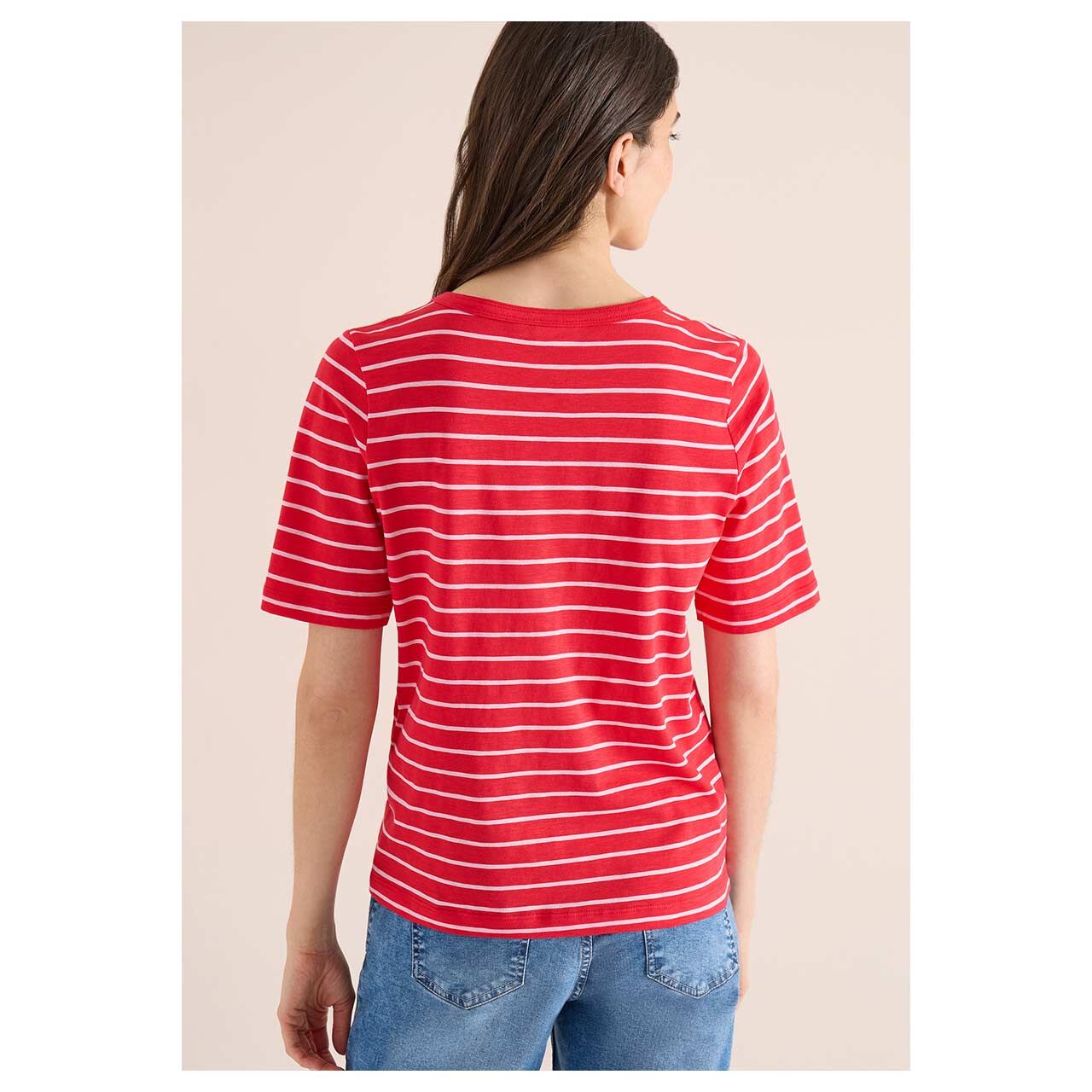 Damen T-Shirt Striped Slubyarn von Cecil in Rot gestreift, Rückansicht am Model