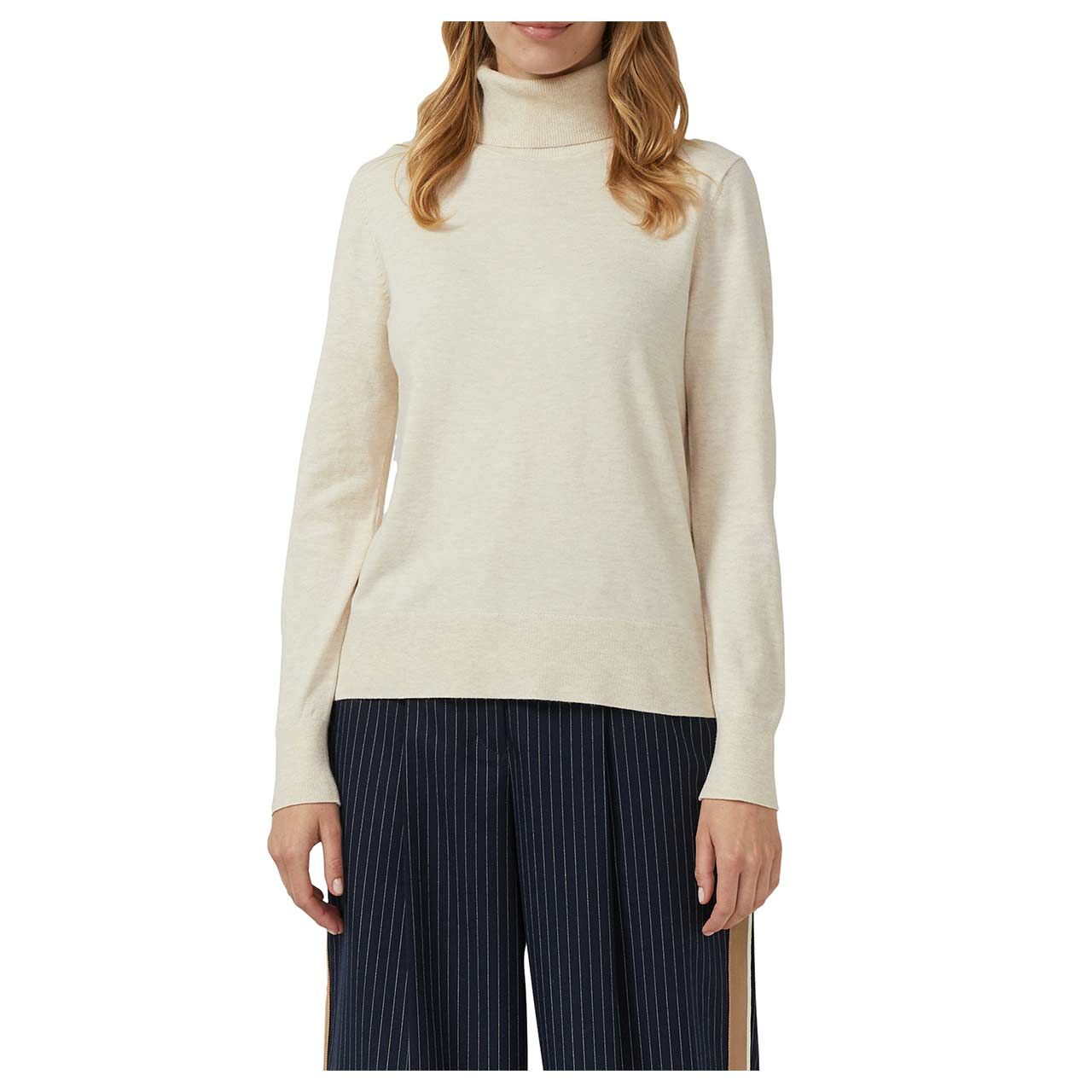 s.Oliver Damen Rollkragen Pullover in Hellbeige meliert, Vorderansicht am Model