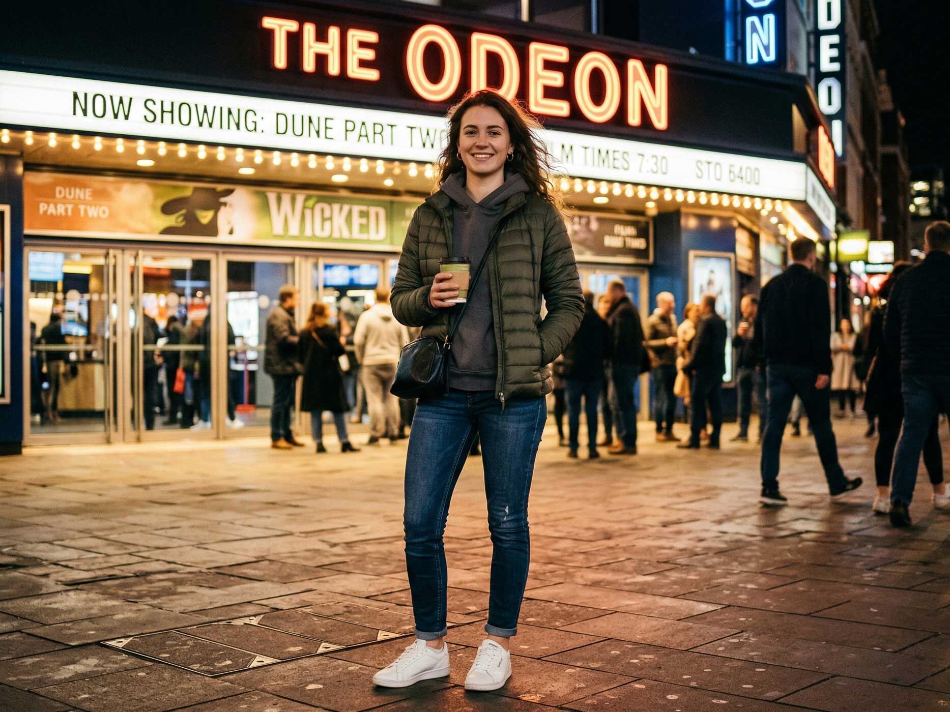 Eine Frau trägt blaue Skinny Jeans, dazu weiße Sneaker, einen grauen Hoodie, eine grüne Jacke und eine schwarze Umhängeasche, sie hält einen Kaffebecher in der Hand und steht vor dem Kino.