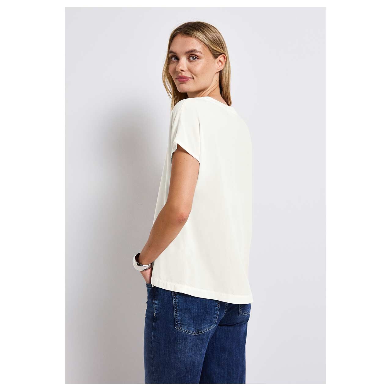 Street One Damen Kurzarm Bluse Splitneck solid white