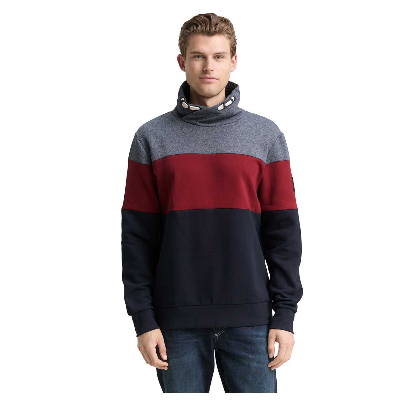 Herren Sweatshirt Cutline Snood von Tom Tailor in Dunkelrot gestreift, Vorderansicht am Model