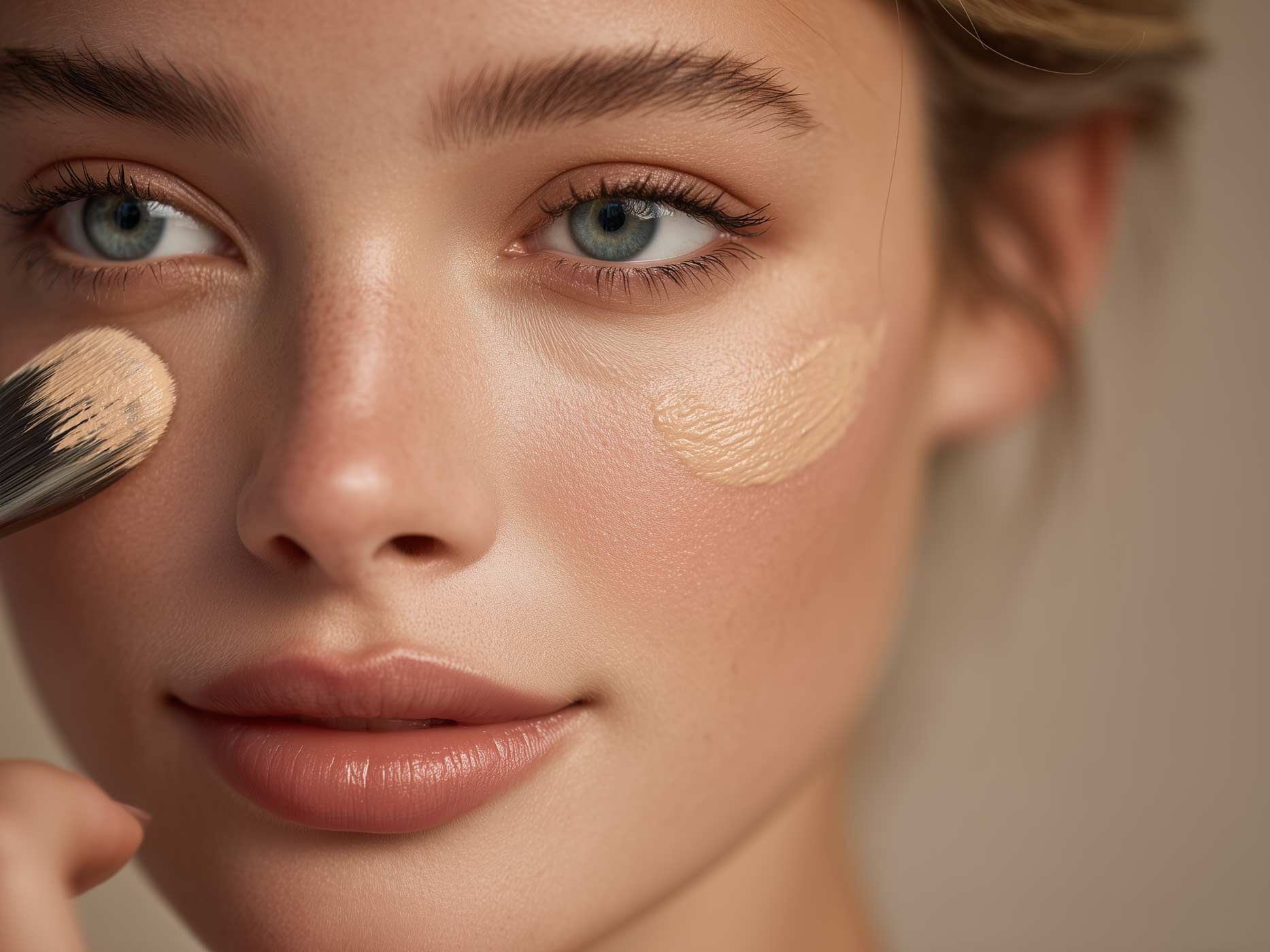 Nahaufnahme von dem Gesicht einer Frau, sie tr&auml;gt Foundation mit einem Pinsel auf.