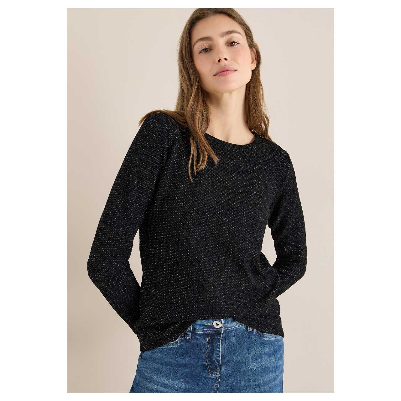 Damen Sweatshirt Glitter Structure Boat Neck von Cecil in Schwarz, Vorderansicht Model