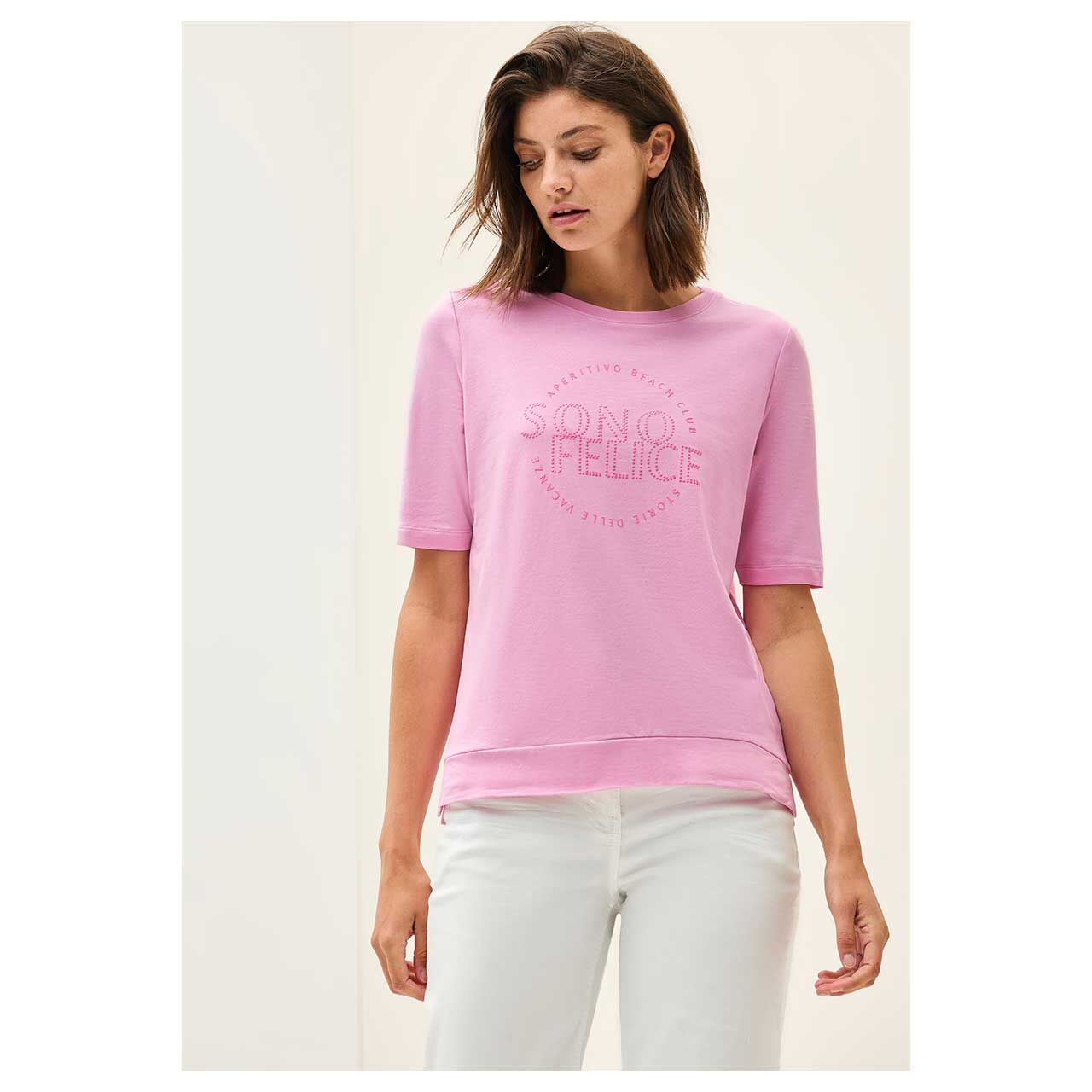 Damen T-Shirt Sono Felice von Cecil in Rosa, Nahansicht am Modell