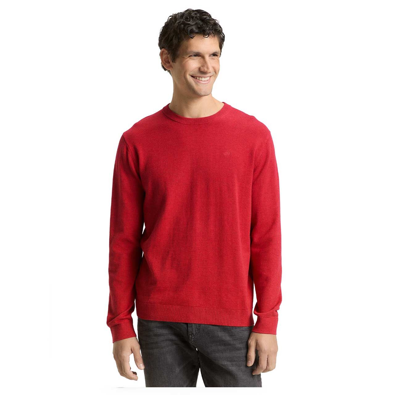 Herren Pullover Basic Crewneck Knit von Tom Tailor in Rot meliert, Vorderansicht am Model