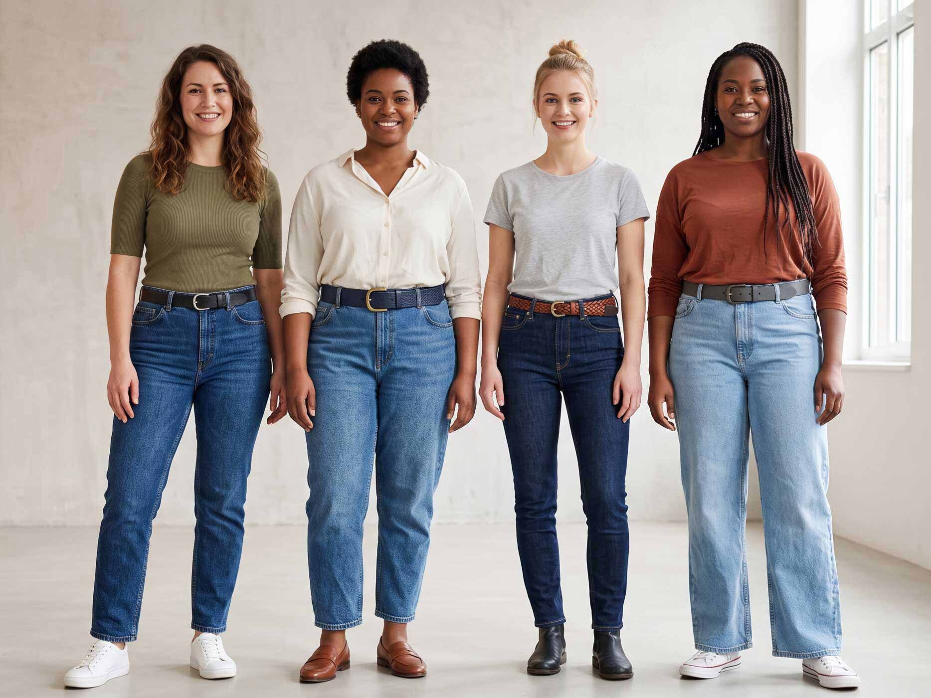 Vier Frauen zeigen unterschiedliche Jeanspassformen von schmal bis weit in verschiedenen Blautönen und tragen dazu Gürtel in Schwarz, Dunkelblau, Braun und Flechtoptik.