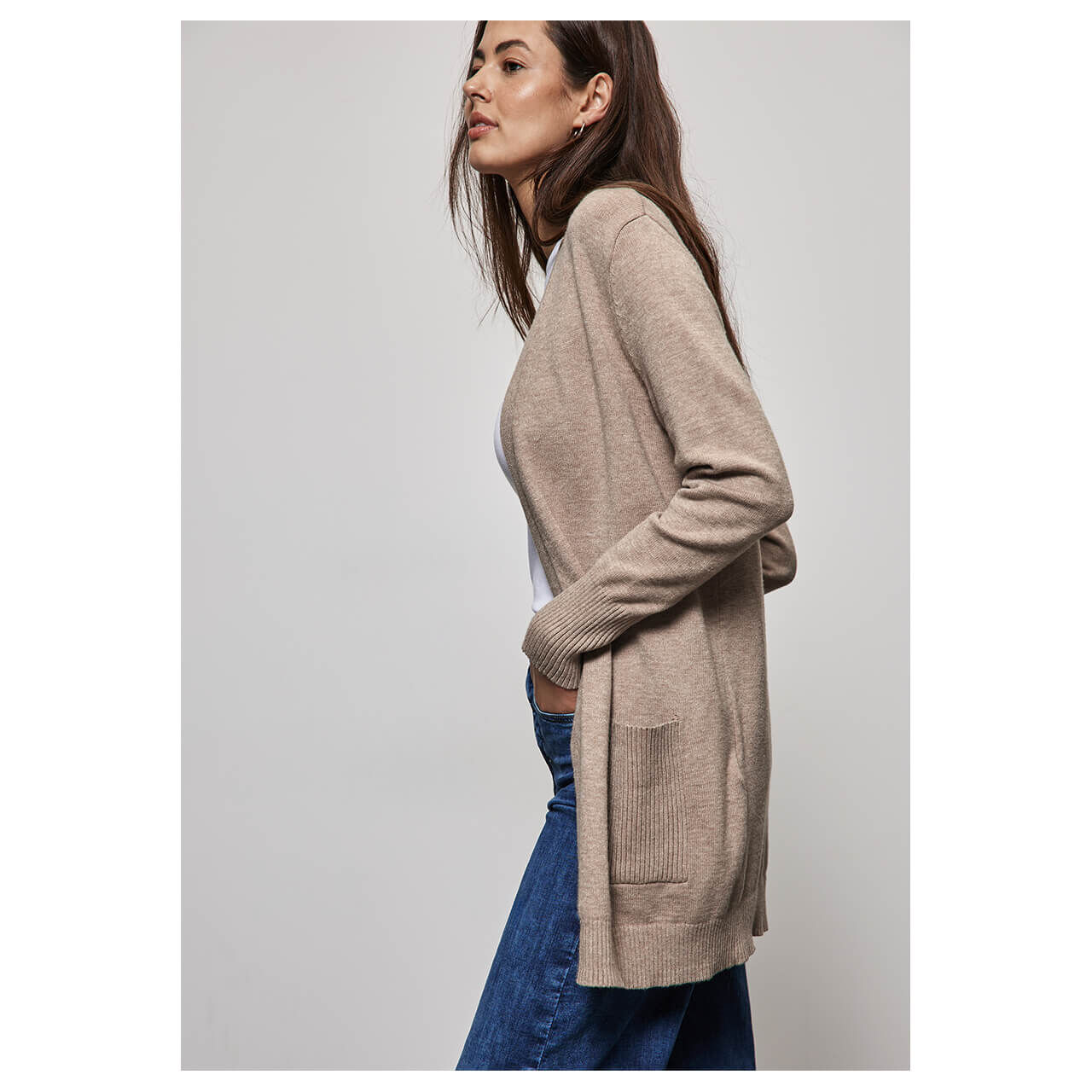Street One Damen Long Strickjacke Cosy Open Cardigan warm taupe melange