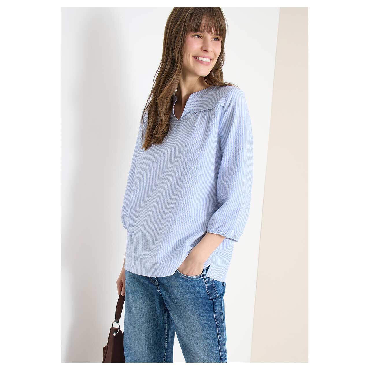Damen 3/4 Arm Bluse Seersucker Stripe Tunic von Cecil in Hellblau gestreift, Vorderansicht am Model