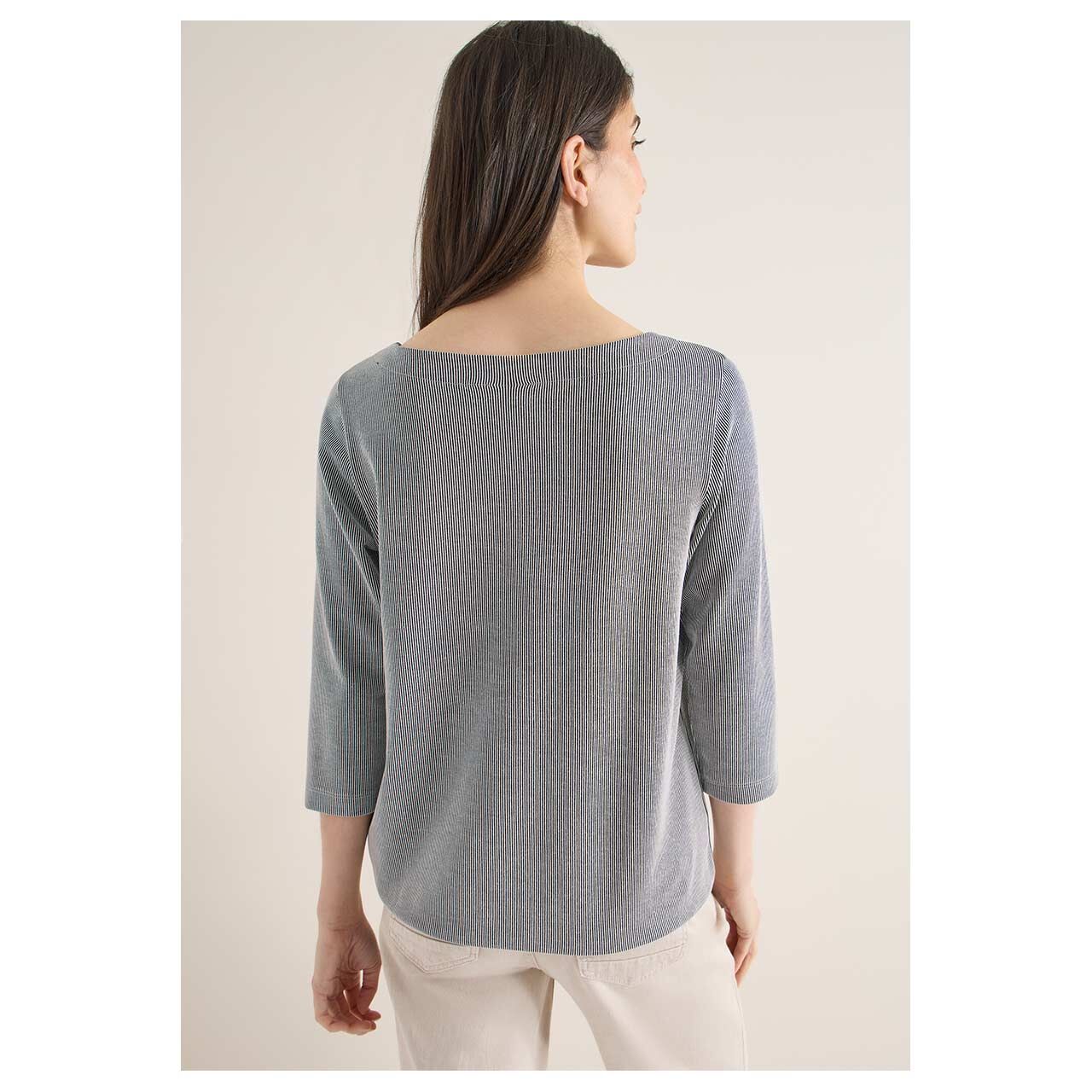 Damen 3/4 Arm Shirt Vertical Striped von Cecil in Dunkelblau gestreift, Rückansicht am Model