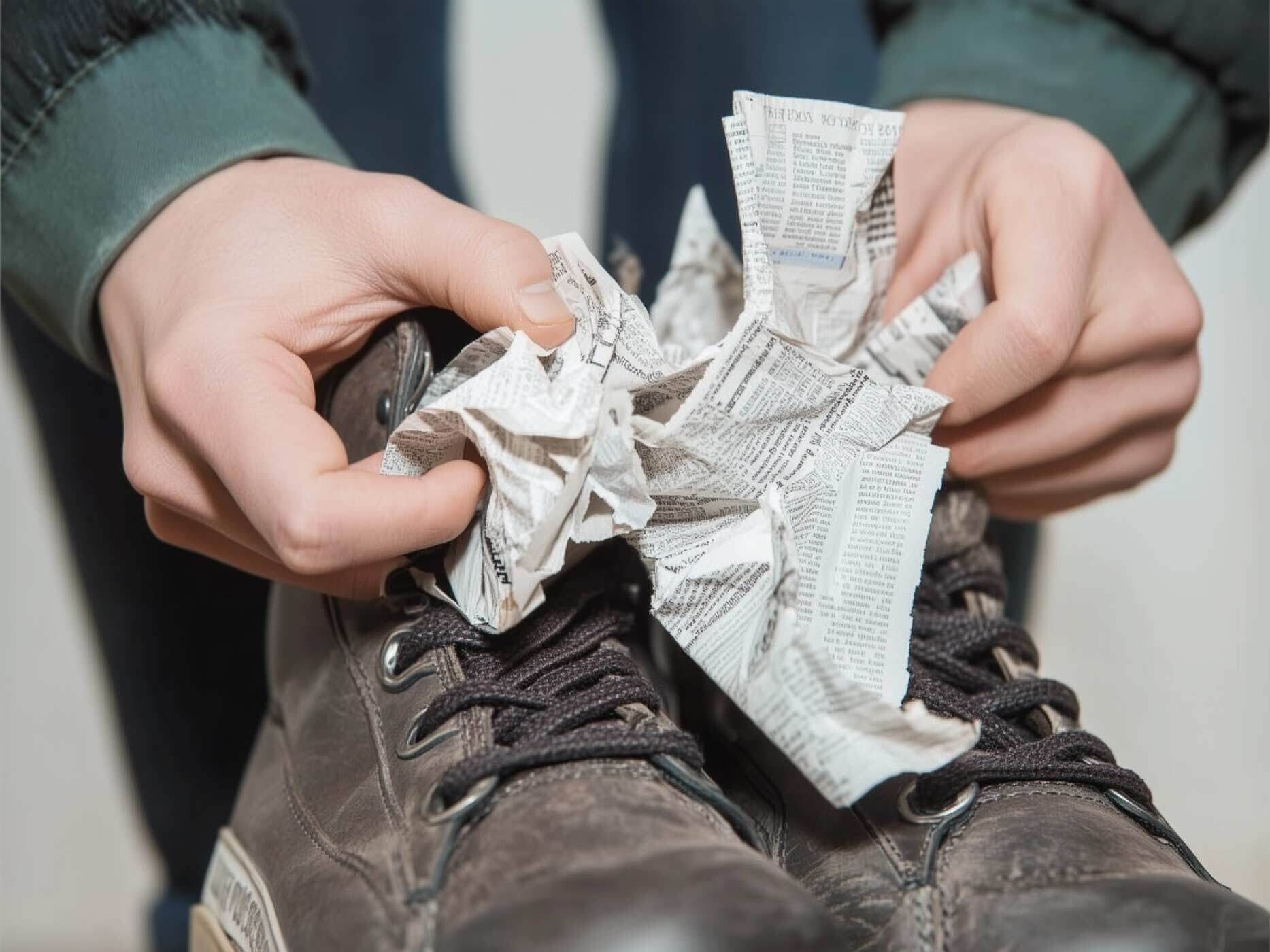 Ein Paar braune Herrenschuhe werden mit Zeitung ausgestopft.