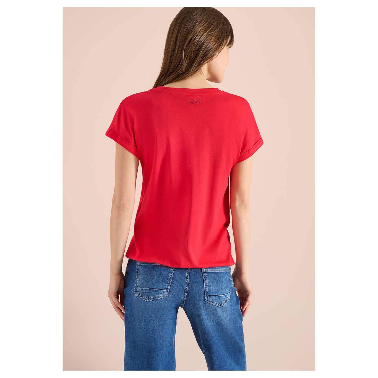 Damen T-Shirt Solid Rib Collar Tunic von Cecil in Rot, Rückansicht am Model