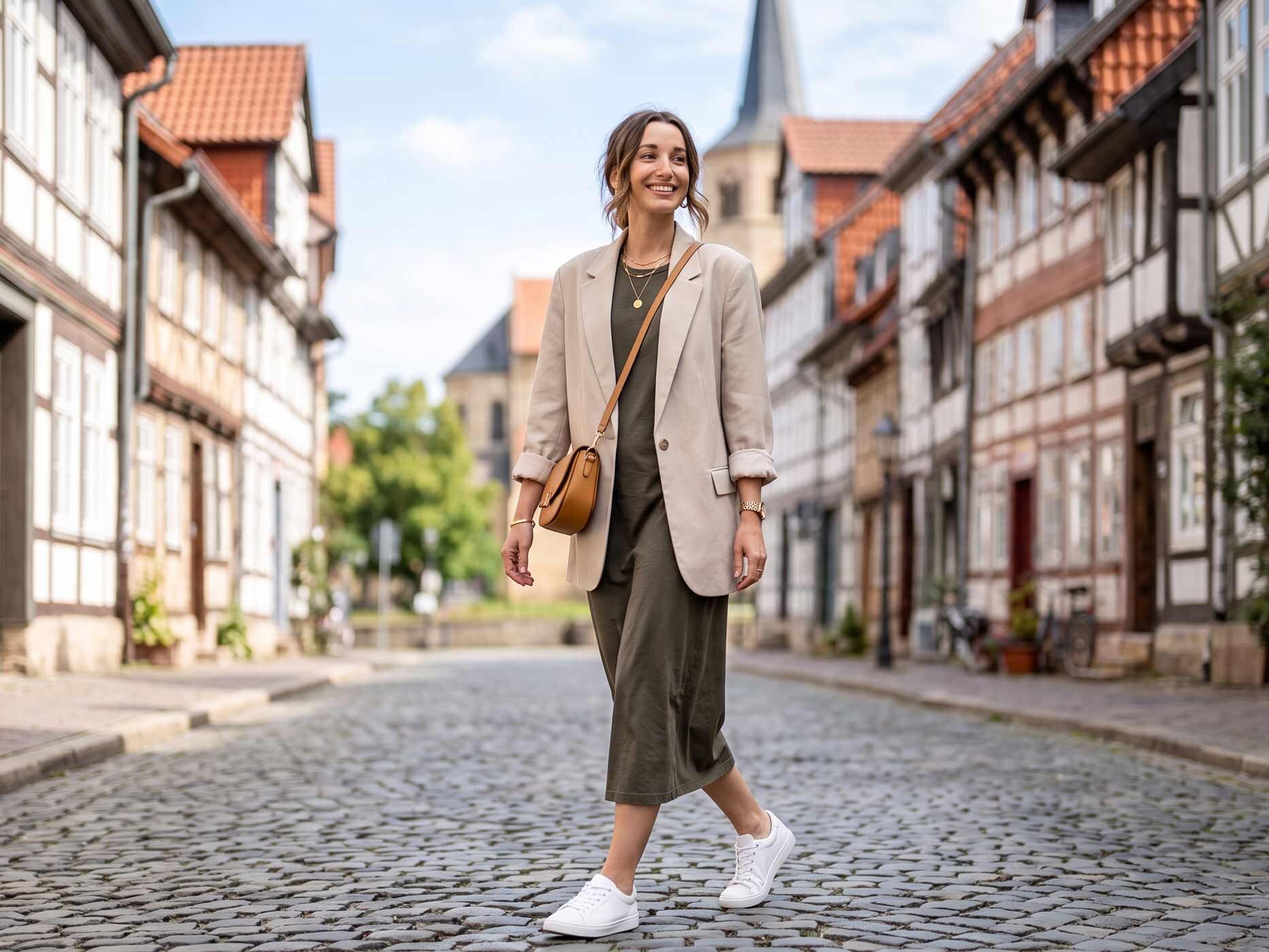 Eine Frau tr&auml;gt ein schlichtes olivgr&uuml;nes Midikleid mit einem hellen Oversized-Blazer und wei&szlig;en Sneakern. Die Kombination wirkt entspannt, modern und eignet sich f&uuml;r Alltag, Stadtbummel oder Restaurantbesuche.