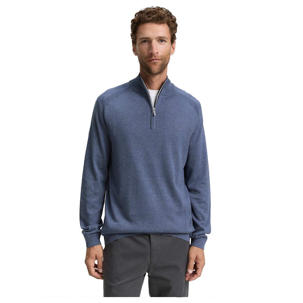 Herren Pullover Troyer von Tom Tailor in Blau meliert, Vorderansicht am Model