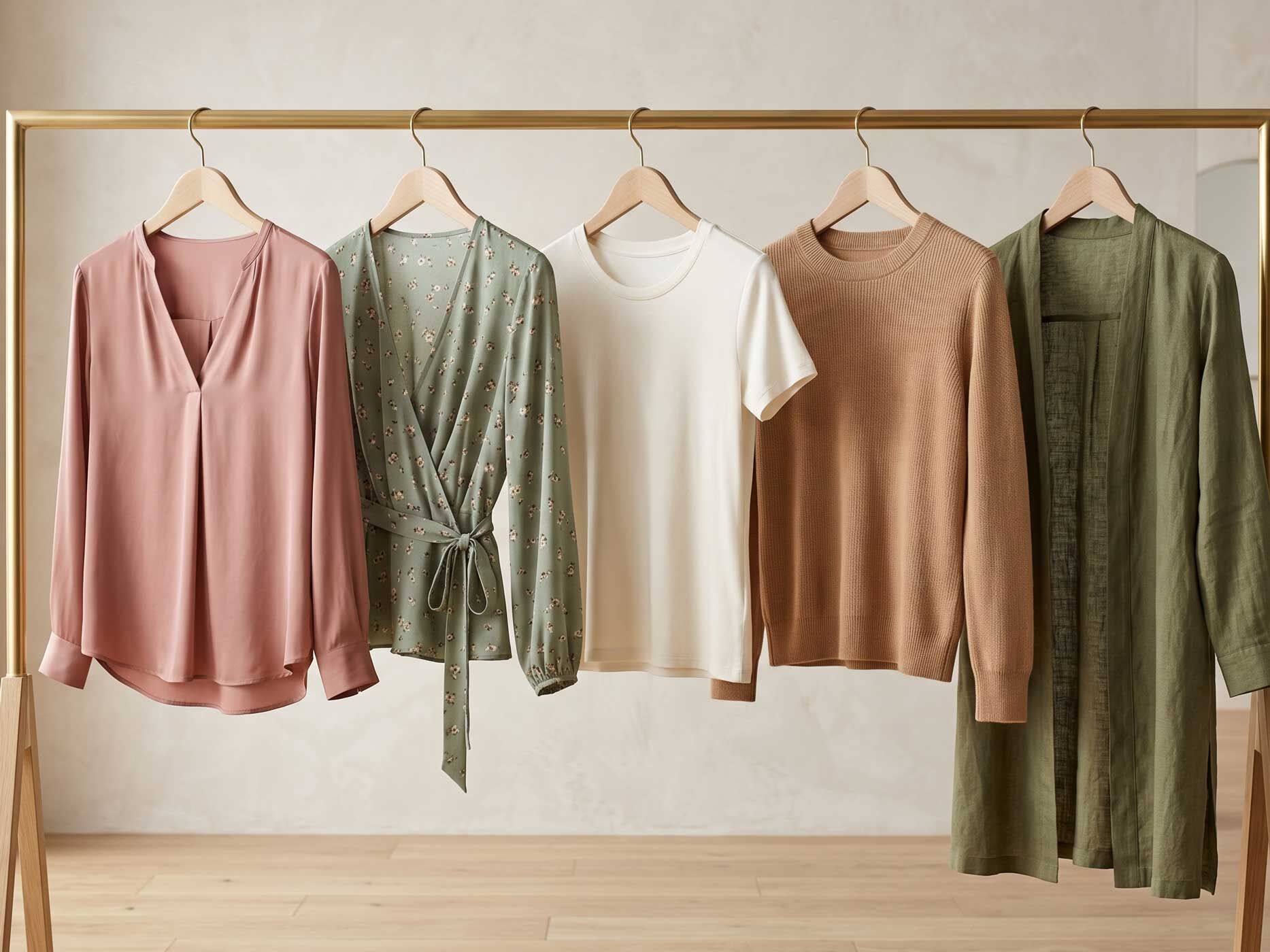 Verschiedene Damenoberteile wie Blusen, Wickelblusen, Longblusen und feine Strickpullover hängen auf einer Kleiderstange.