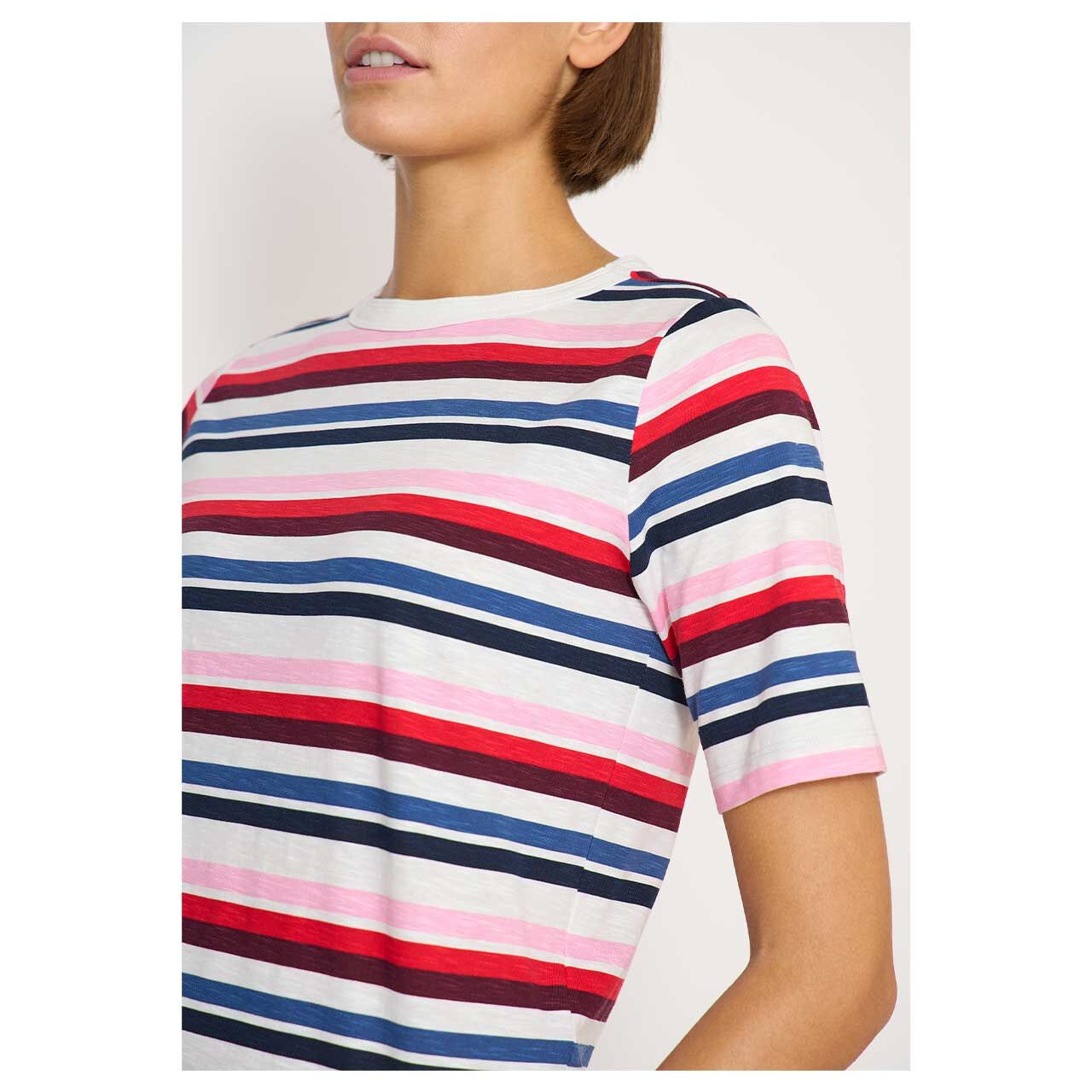 Damen T-Shirt Multi Striped Slubyarn von Cecil in Dunkelblau gestreift, detaillierte Vorderansicht am Model