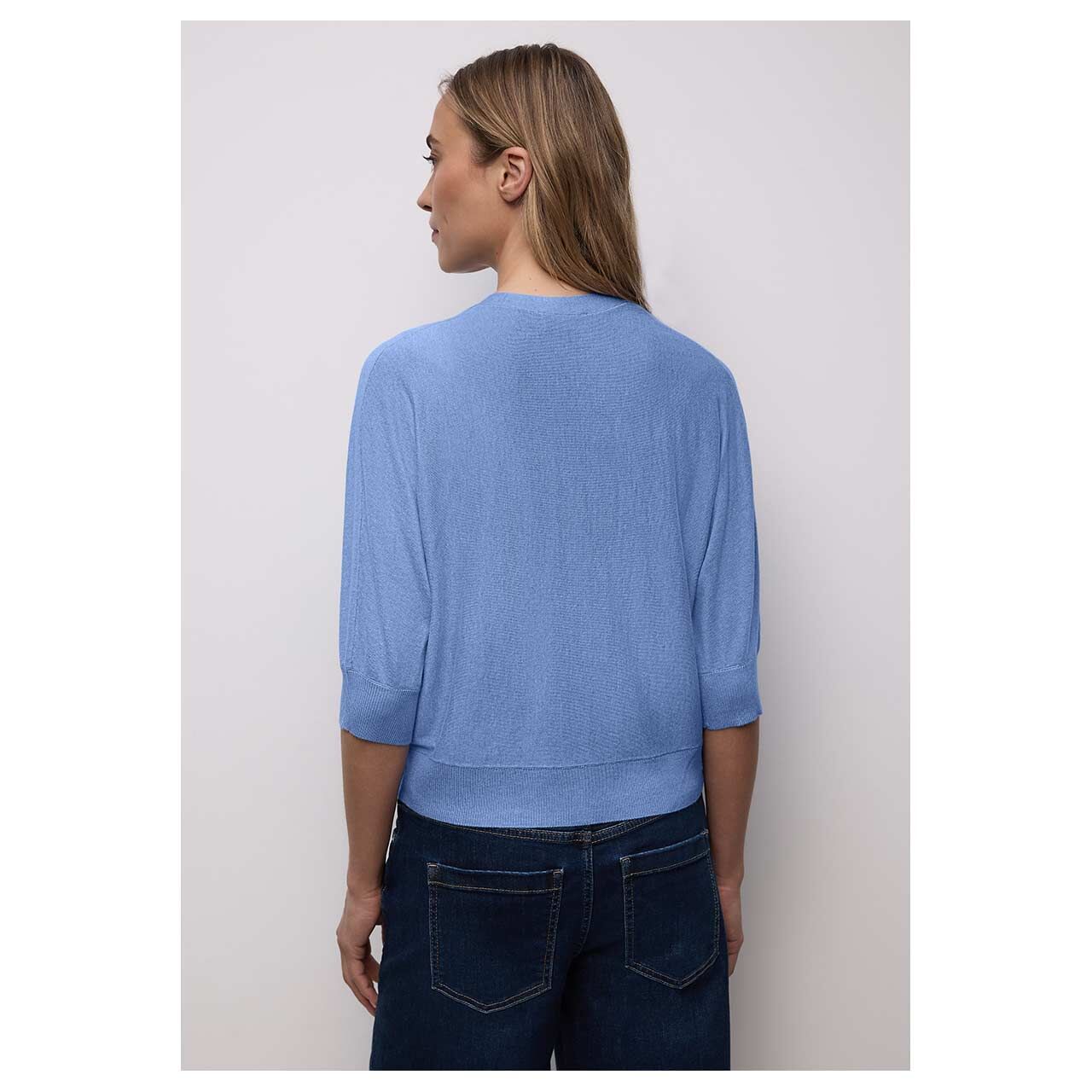 Damen Strickjacke V-Neck Button Up Cardigan von Street One in Blau meliert, Rückansicht am Model