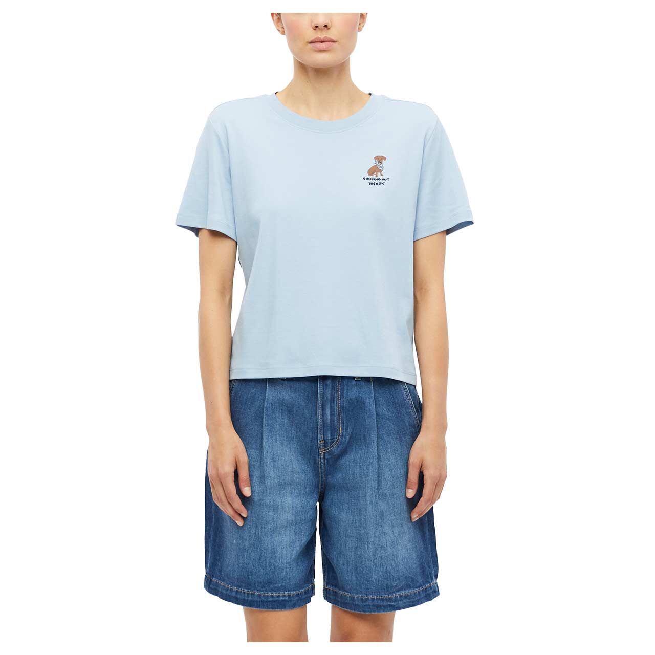 s.Oliver Damen T-Shirt in Hellblau mit Print, Vorderansicht am Model