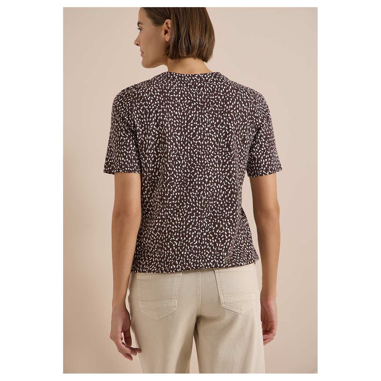 Damen T-Shirt Minimal Lace Tunic von Cecil in Dunkelbraun mit Print, Rückansicht am Model