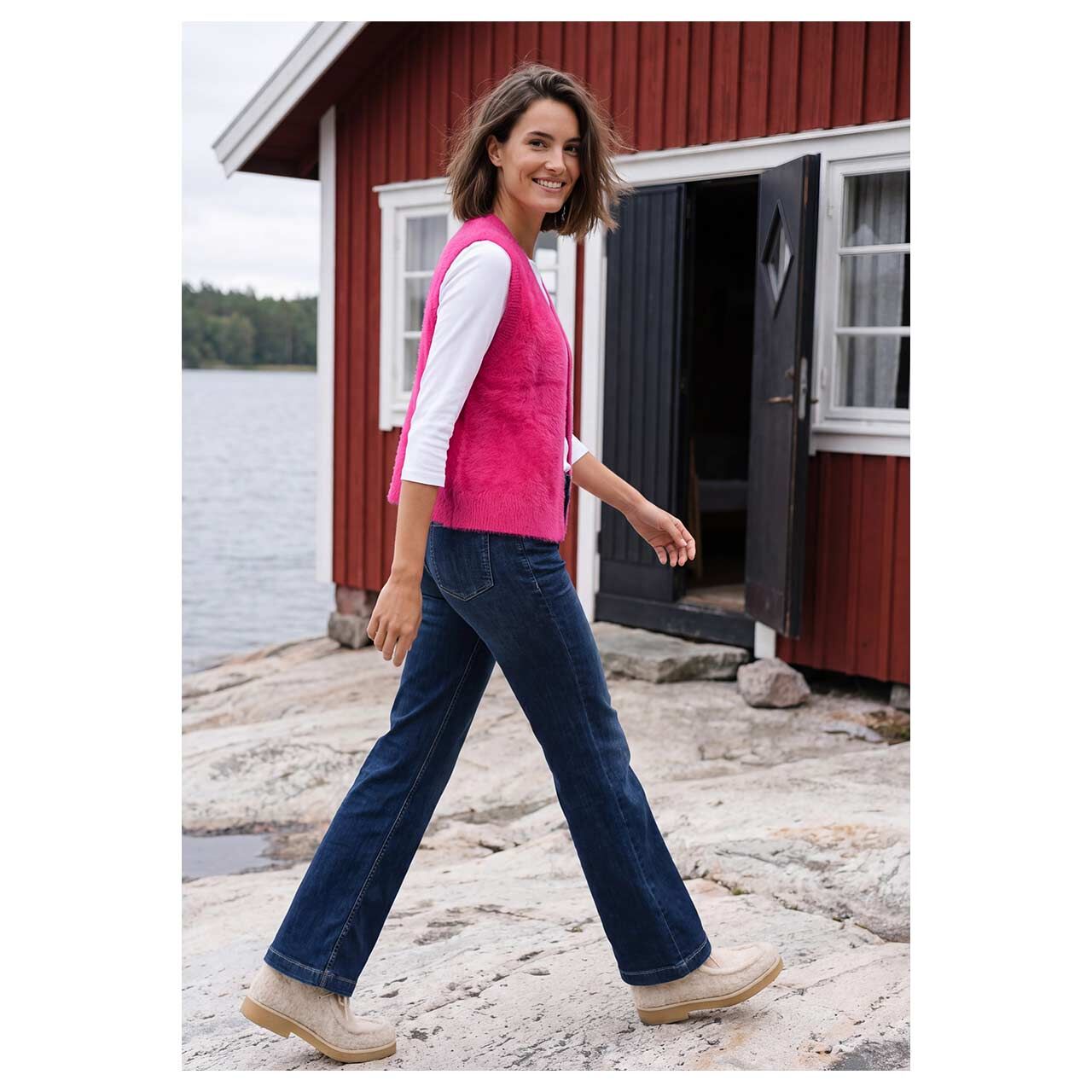 Damen Strickweste Open Feather Yarn Vest von Cecil in Pink, Ganzkörperansicht am Model