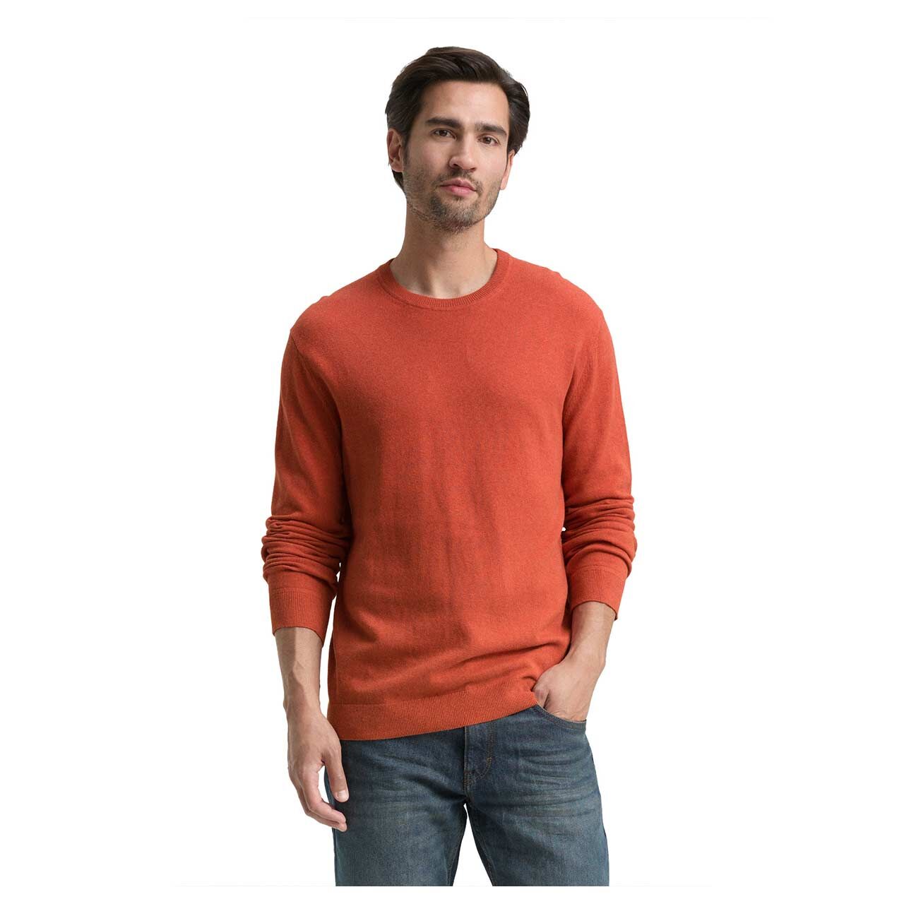 Herren Pullover Cashmere Crewneck Knit von Tom Tailor in Orange meliert, Vorderansicht am Model