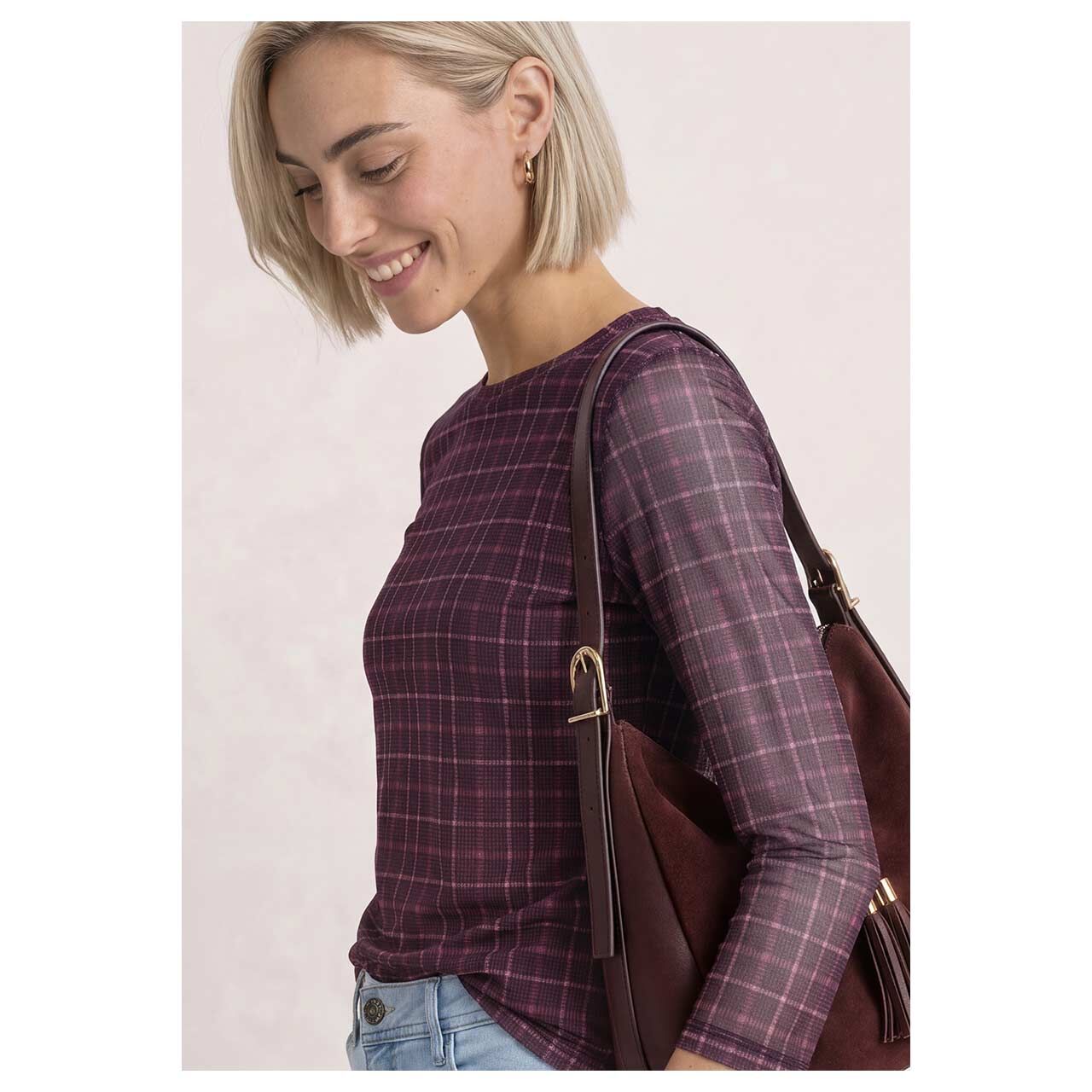 Damen 3/4 Arm Shirt Printed Mesh von Street One in Lila mit Print, detaillierte Seitenansicht am Model