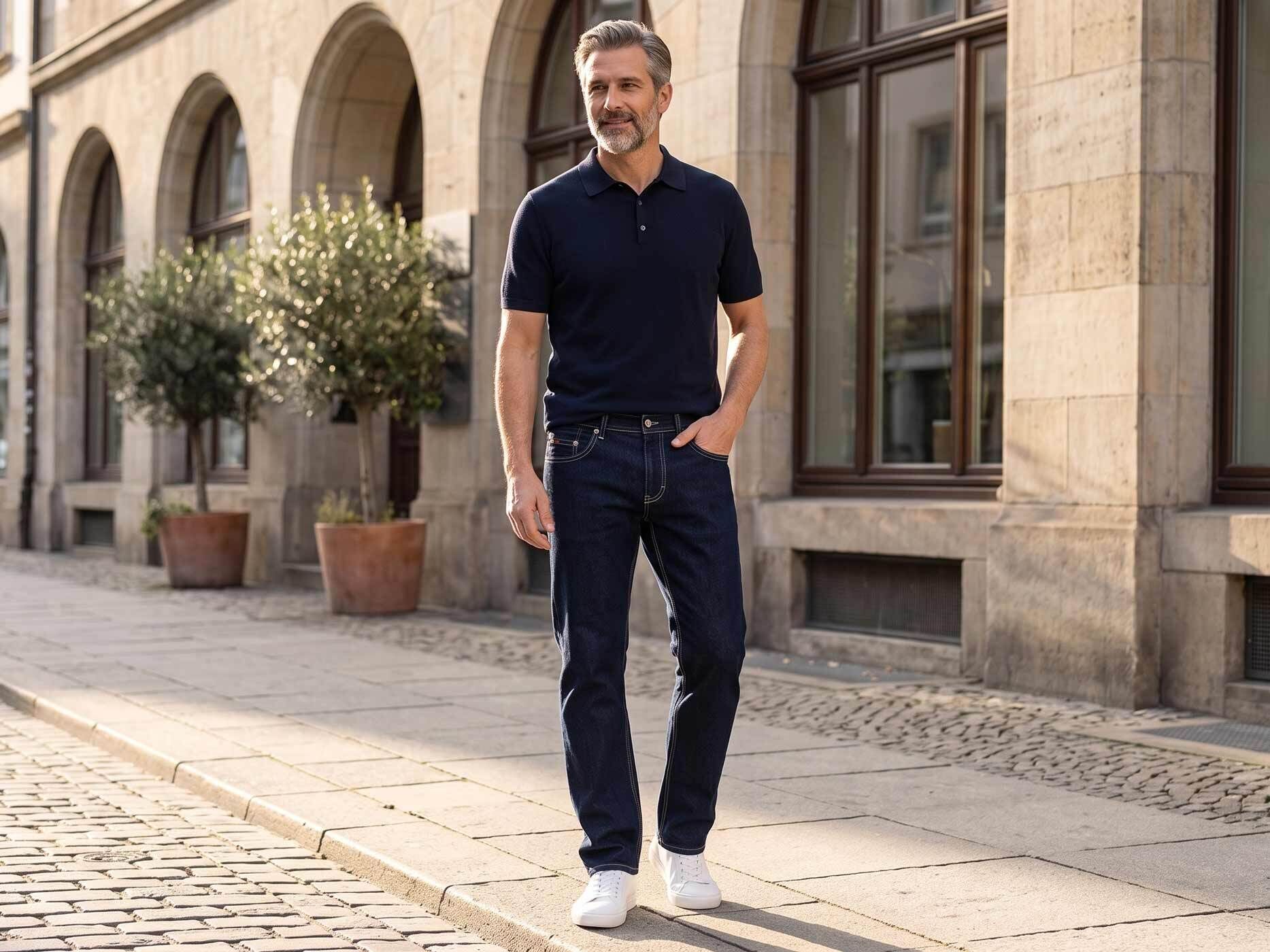 Ein Mann trägt eine blaue Jeans mit blauem Polohemd und weißen Sneakern