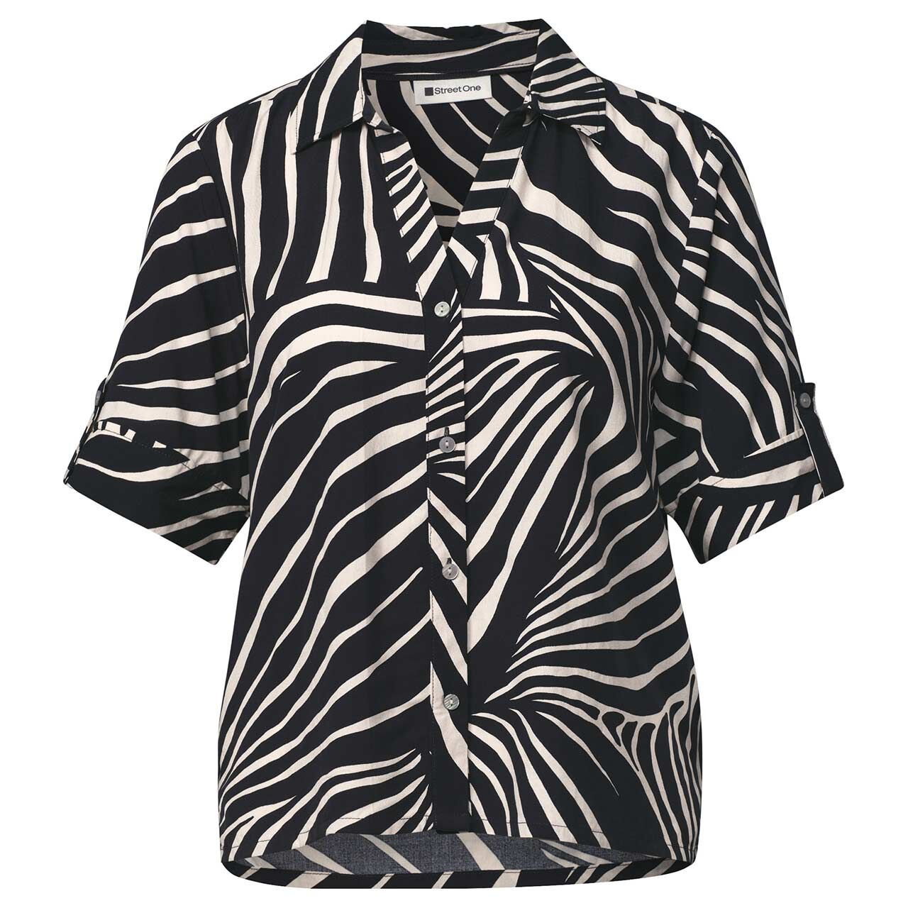 Street One Damen Kurzarm Bluse Buttoned Shirtcollar black print