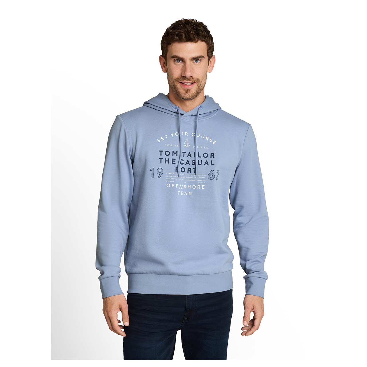Herren Hoodie Sweatshirt von Tom Tailor in Hellblau mit Print, Vorderansicht am Model