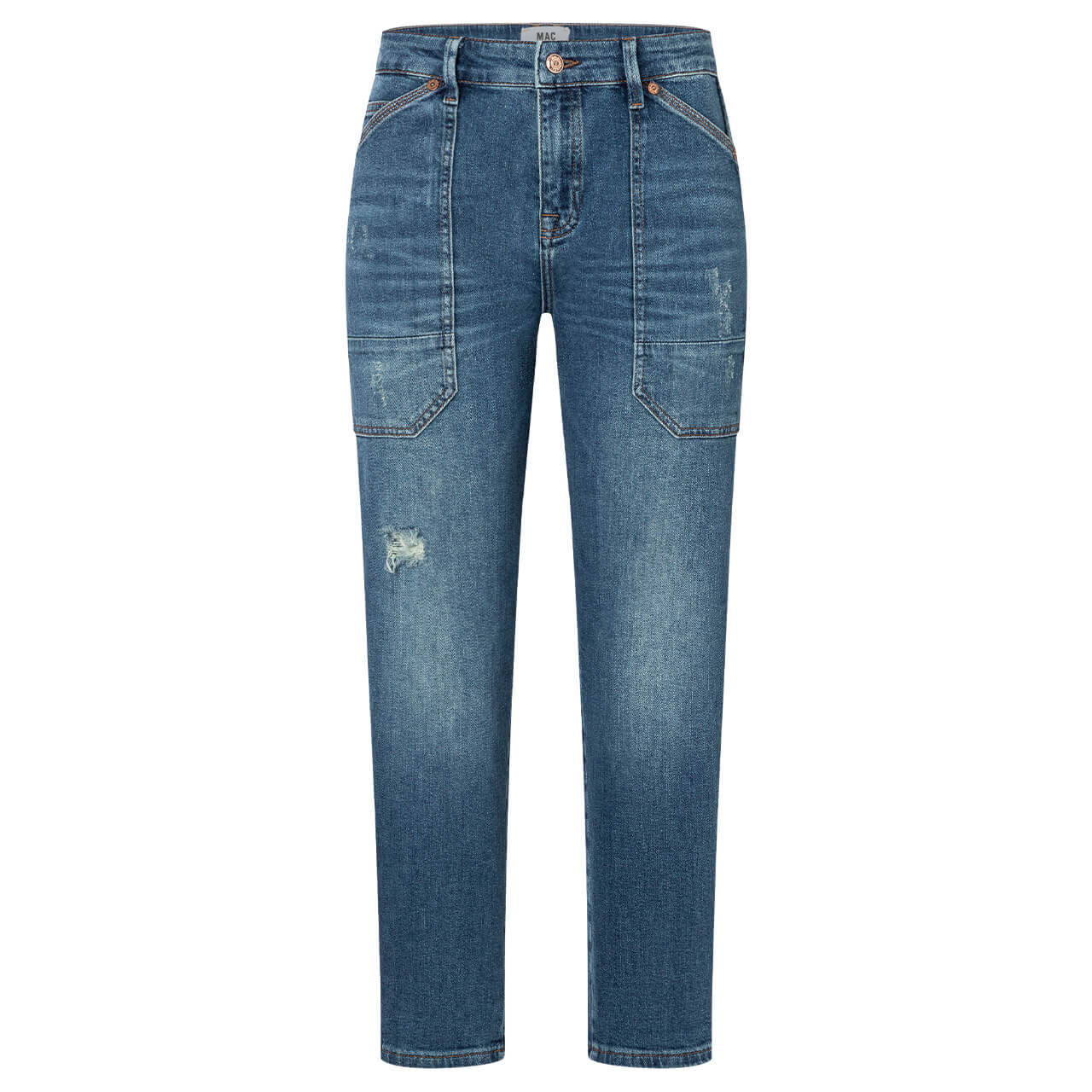 Stretch Damen Ankle Jeans Iowa Baggy von MAC in Blau verwaschen mit Destroyed-Effekten, Vorderansicht