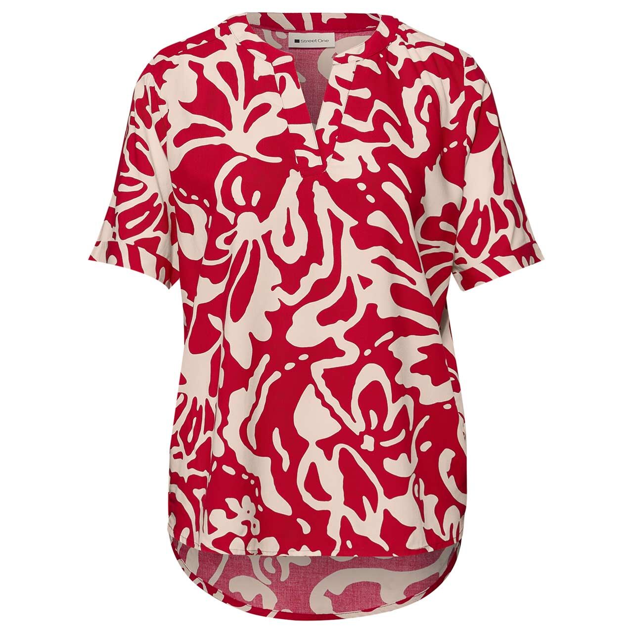 Street One Damen Kurzarm Bluse Splitneck Turn-Up salsa red print