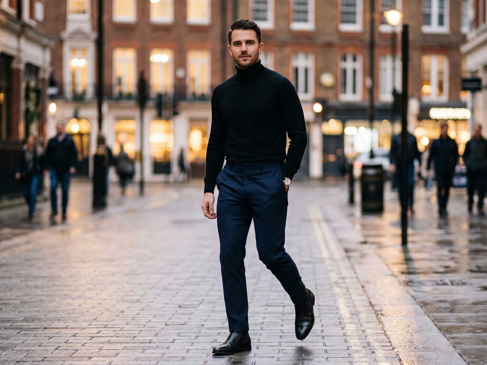 Ein Mann kombiniert eine blaue Stoffhose mit einem schwarzen Rollkragenpullover und schwarzen Schuhen. Die Aufnahme in einer abendlichen Stadtstraße zeigt eine moderne Kombination aus Dunkelblau und Schwarz.