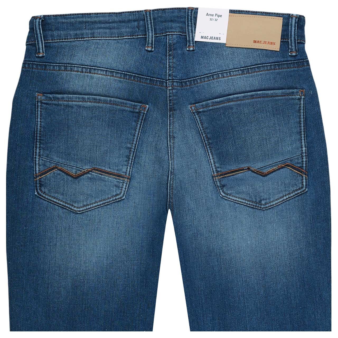 Stretch Herrenjeans Arne Pipe von MAC in Blau verwaschen, detaillierte Rückansicht