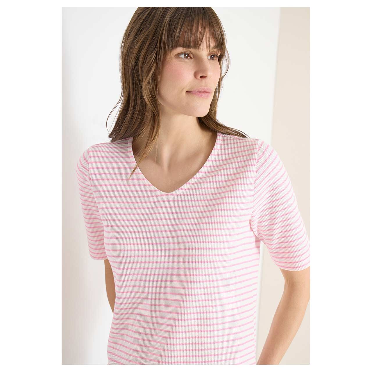 Damen T-Shirt Striped Waffle von Cecil in Rosa gestreift, detaillierte Vorderansicht am Model