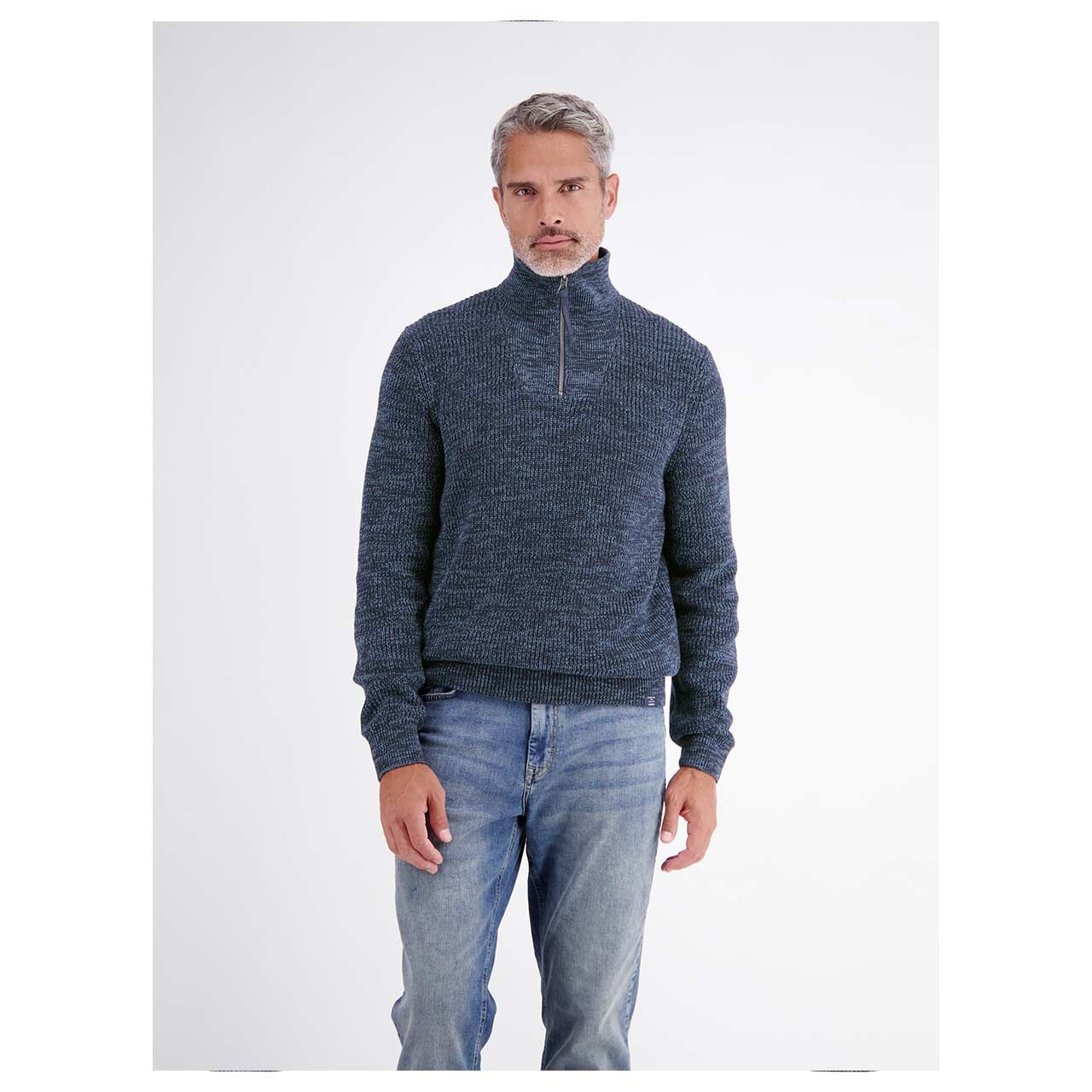 Herren Pullover Troyer von Lerros in Dunkelblau meliert, Vorderansicht am Model