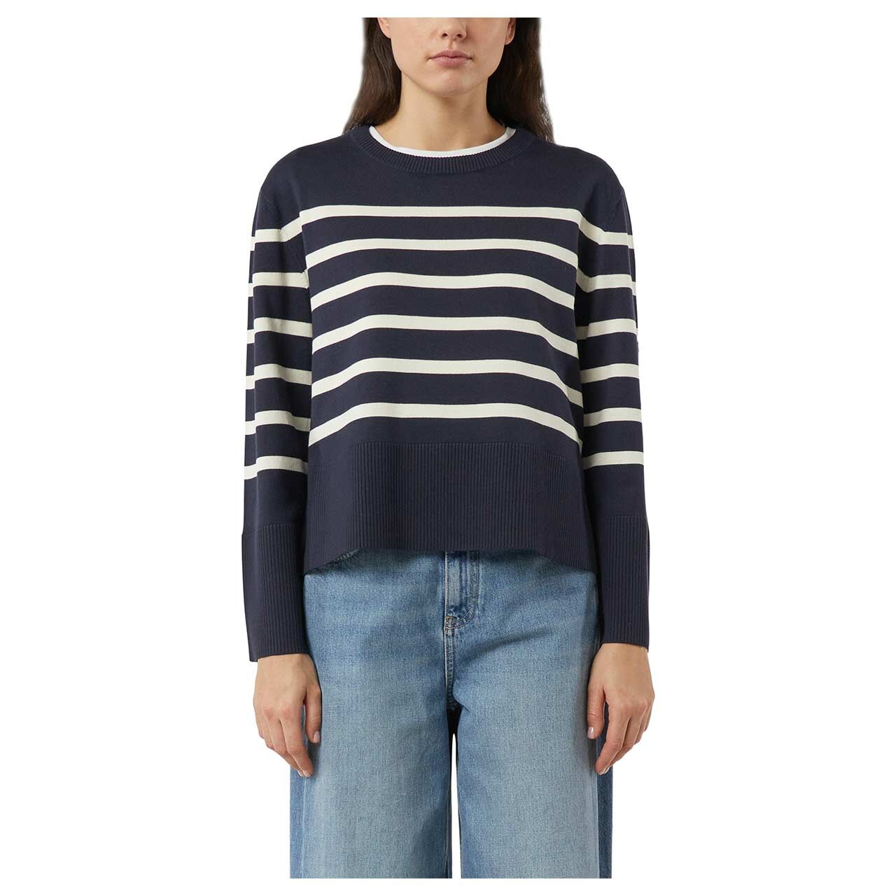 Damen Pullover von Comma in Dunkelblau gestreift, Vorderansicht am Model