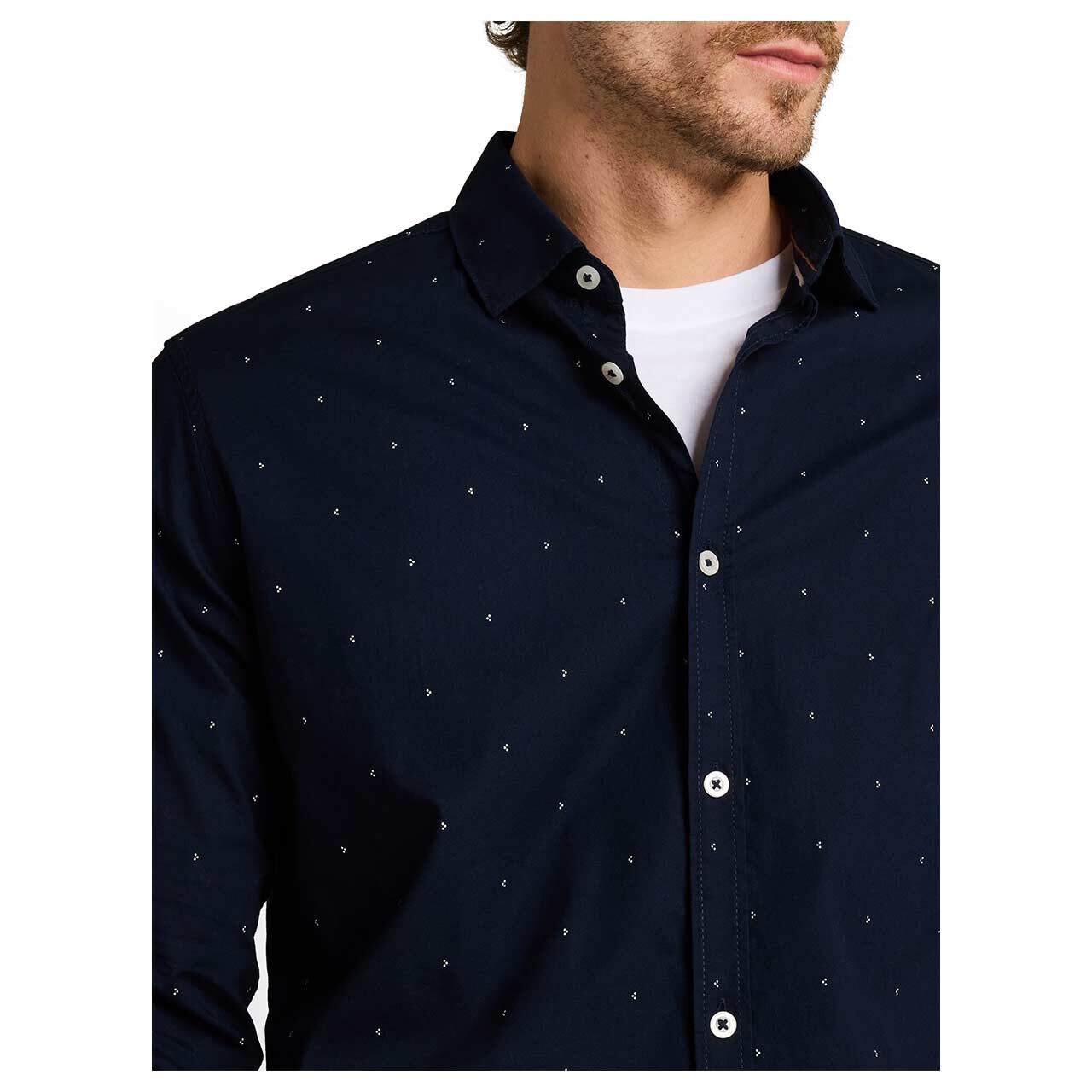 Herren Langarm Hemd von Tom Tailor in Dunkelblau mit Print, Detailansicht Model vorne