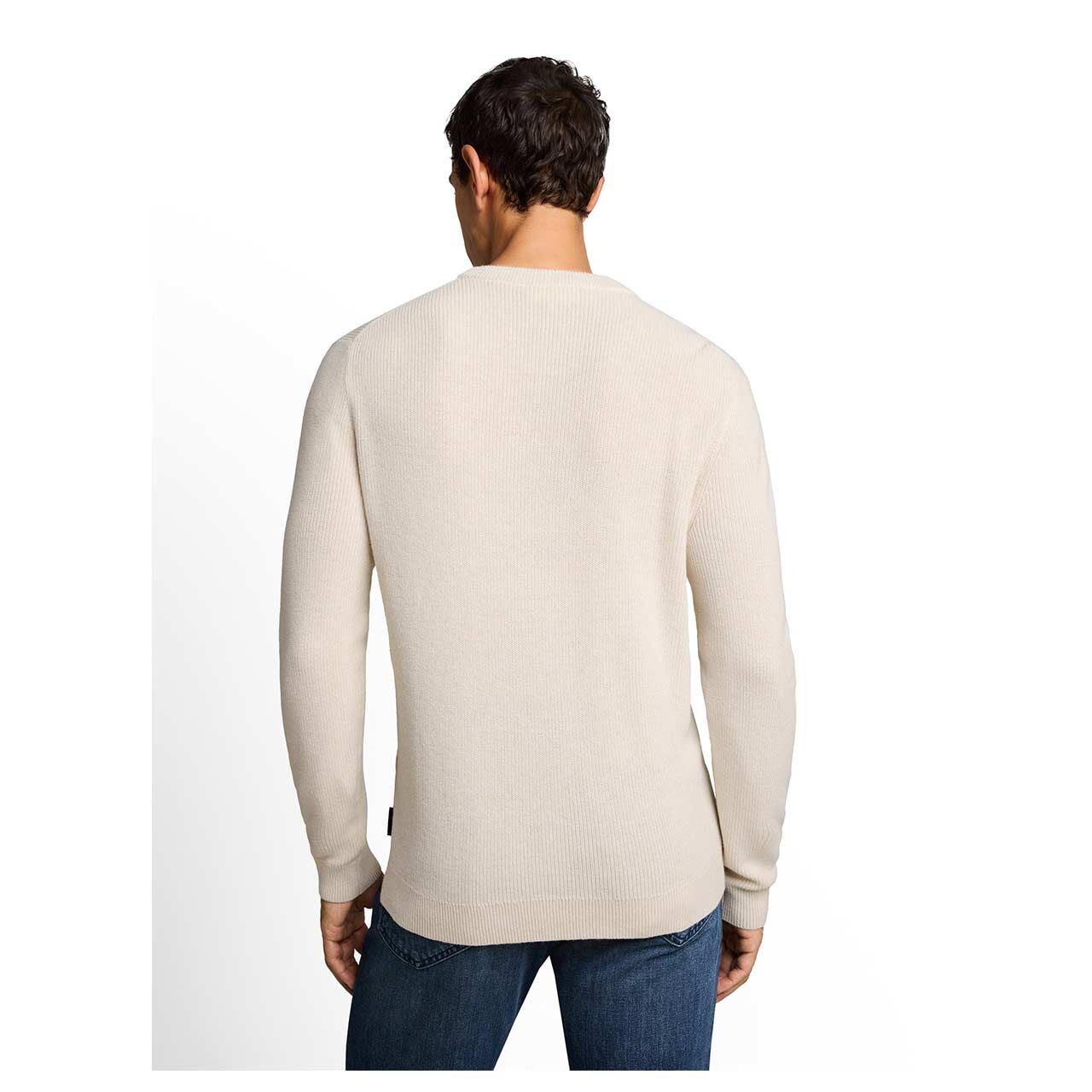 Herren Pullover Cashmere Structured Crew Knit von Tom Tailor in Cremeweiß meliert, Rückansicht am Model