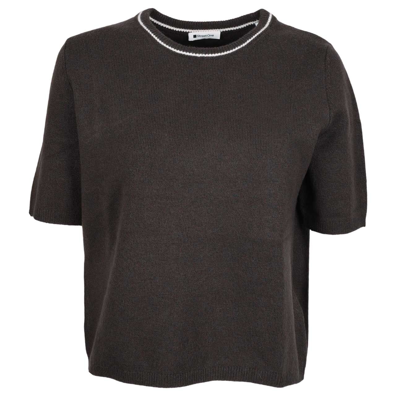 Street One Damen Kurzarm Pullover Cosy Sweater Collar Detail black coffee melange
