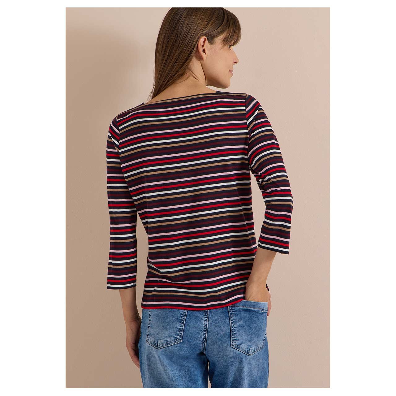 3/4 Arm Shirt Multi Striped Boatneck von Cecil in Dunkelblau gestreift, Rückansicht am Model