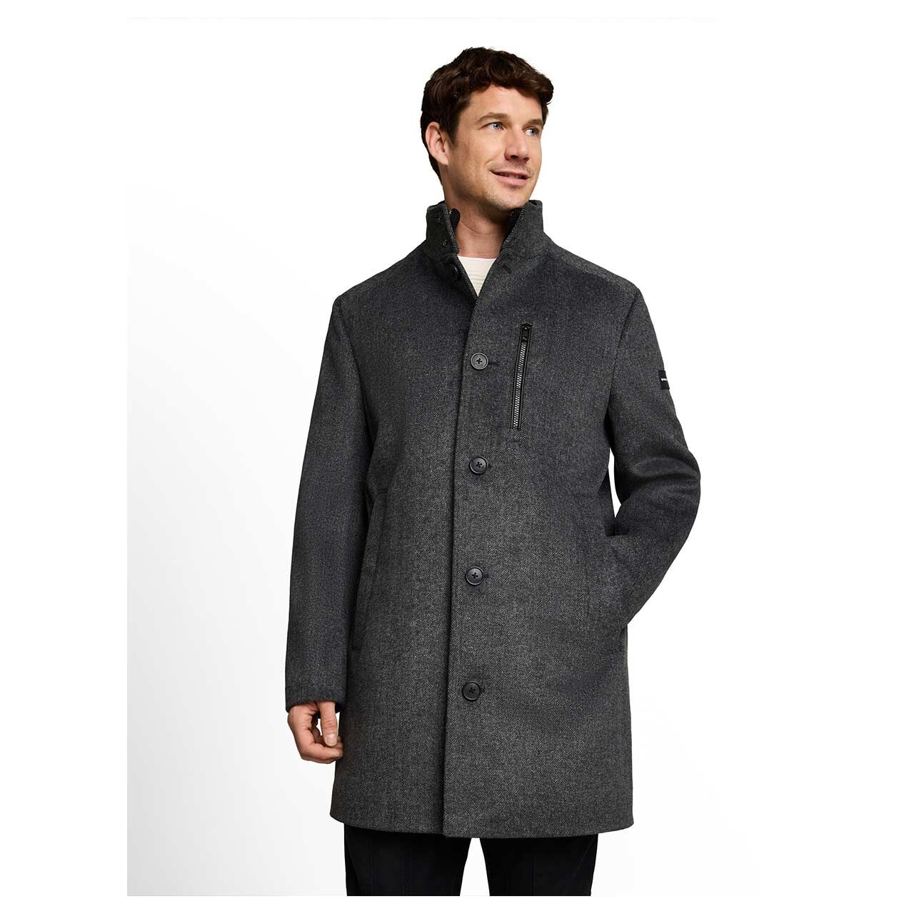 Herren Mantel Wool Coat 2 in 1 von Tom Tailor in Dunkelgrau mit Print, Vorderansicht am Model