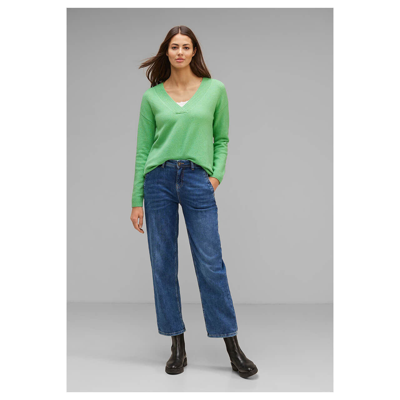 Street One Damen Pullover V-neck Sweater light green melange