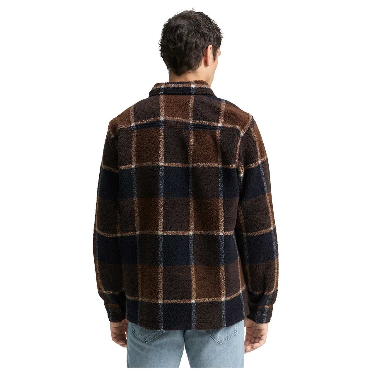 Herren Teddyjacke von Tom Tailor in Dunkelbraun kariert, Rückansicht am Model