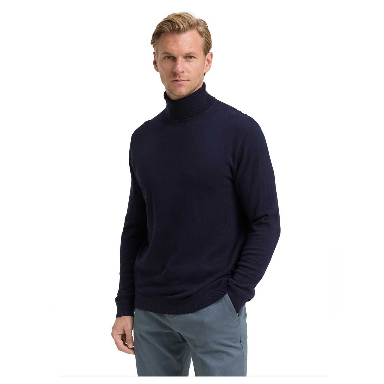 Herren Pullover Cashmere Turtleneck Knit von Tom Tailor in Dunkelblau meliert, Vorderansicht am Model