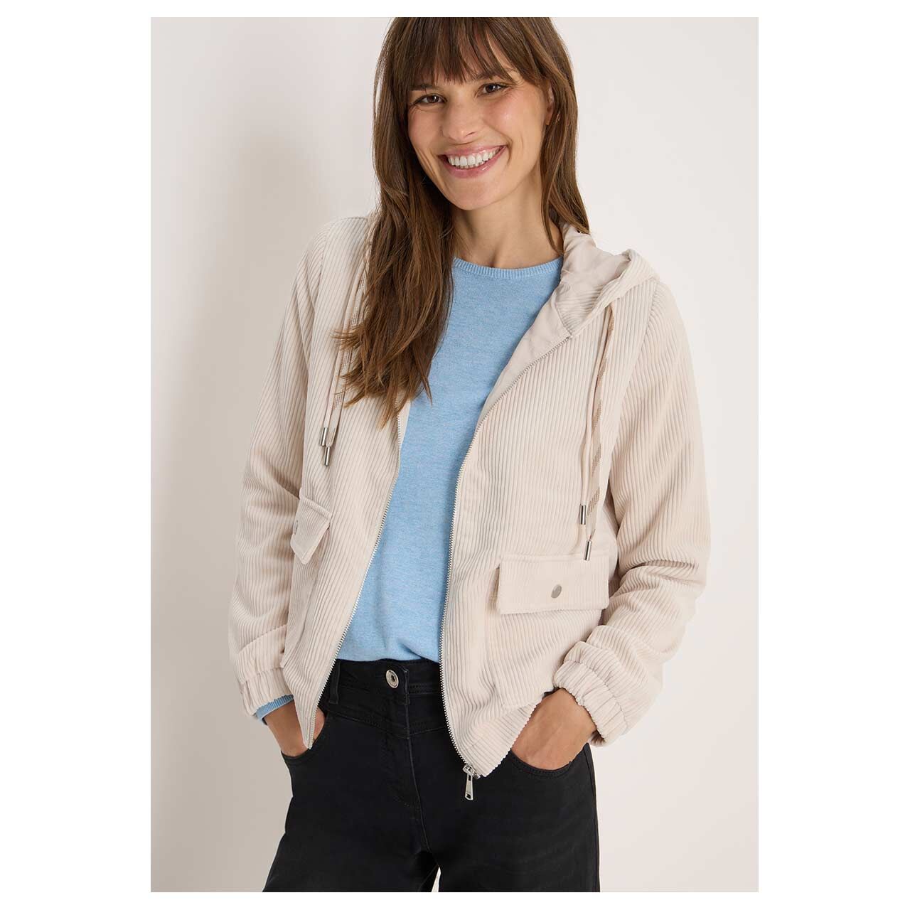 Damen Jacke Cord Jacket with Hood von Cecil in Hellbeige, Vorderansicht am Model