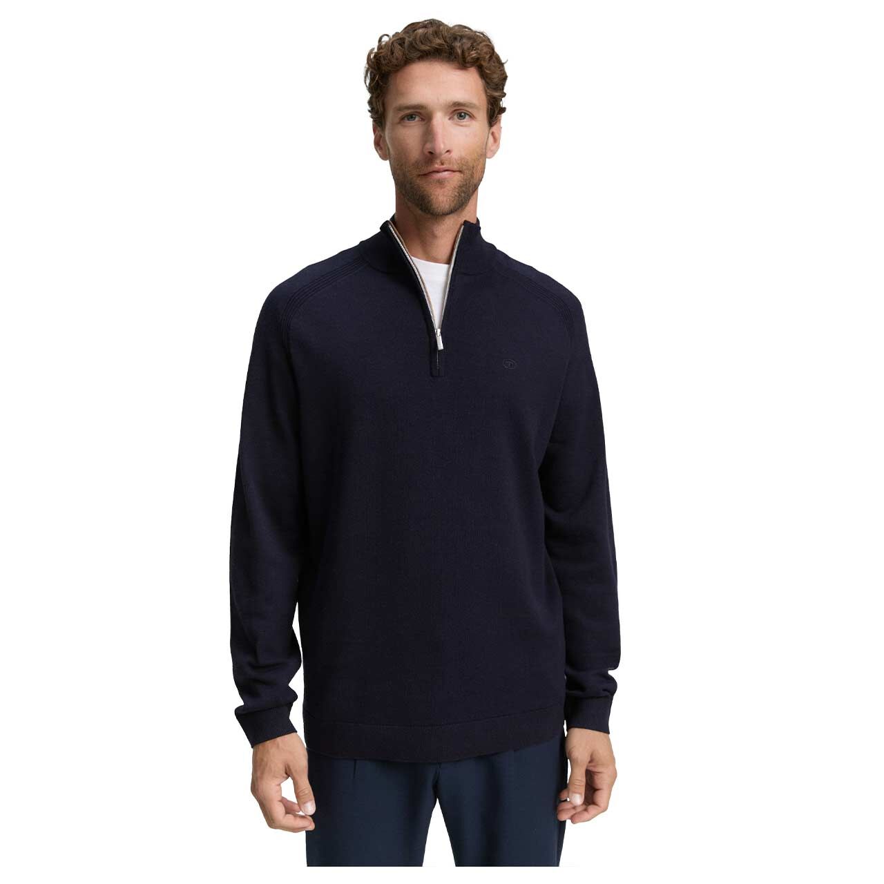 Herren Pullover Troyer von Tom Tailor in Dunkelblau meliert, Vorderansicht am Model