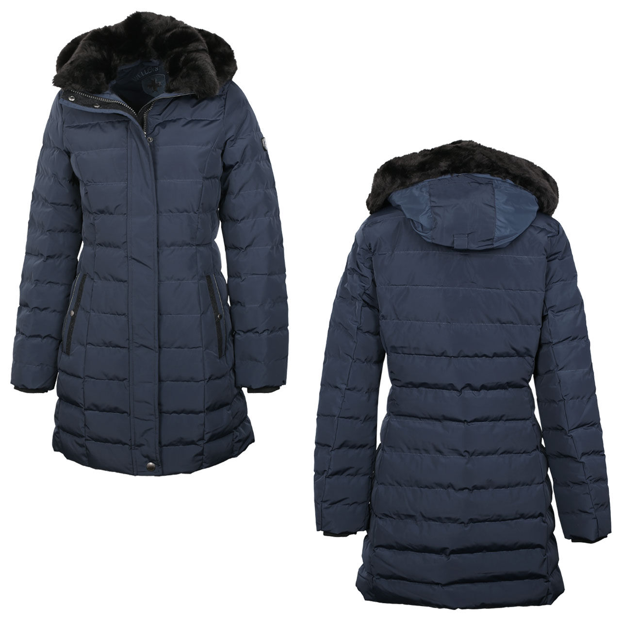 wellensteyn-santorinlong-jogblue-combi Damen Jacke Santorin Long von Wellensteyn in Dunkelblau, kombinierte Vorder- und Rückansicht