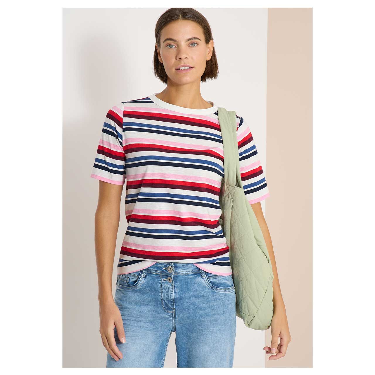 Damen T-Shirt Multi Striped Slubyarn von Cecil in Dunkelblau gestreift, Vorderansicht am Model