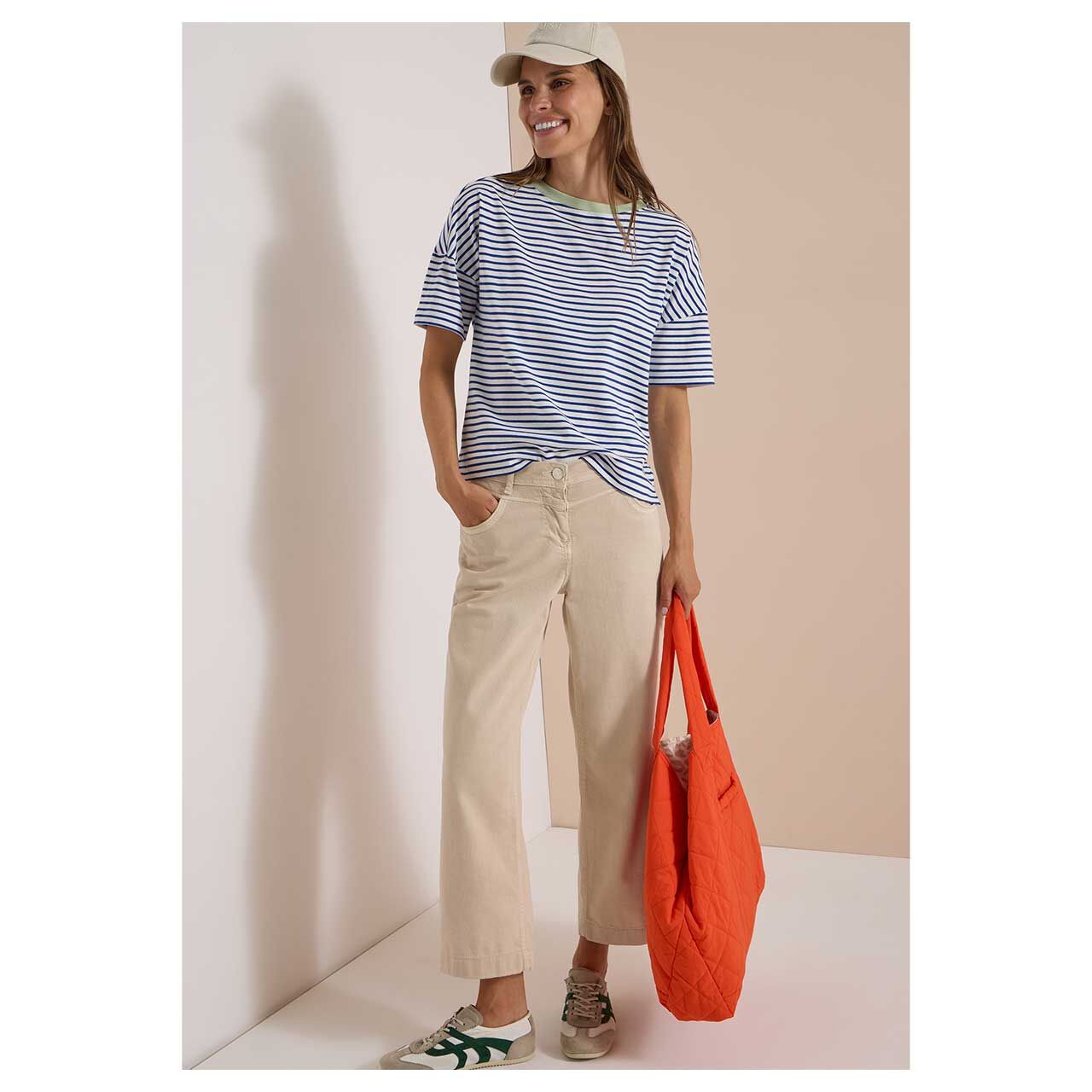Damen T-Shirt Striped Contrast Collar von Cecil in Blau gestreift, Ganzkörperansicht